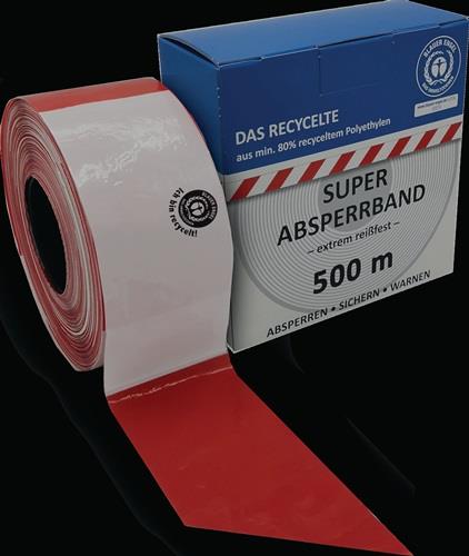 Absperrband L.500m B.80mm rot/weiß geblockt,recycelt 500m/Karton KELMAPLAST